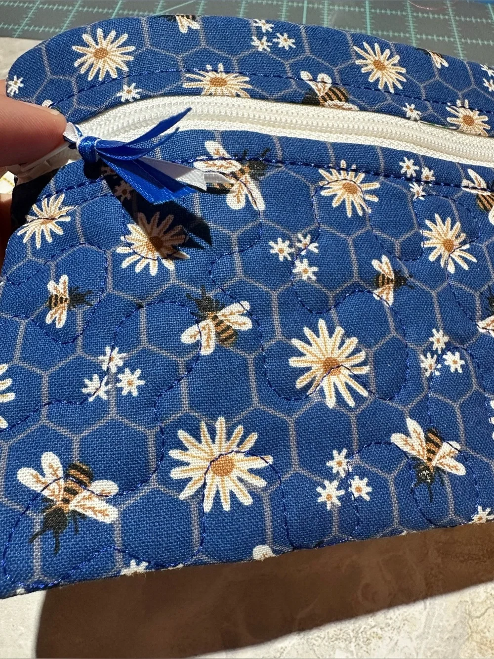 Blue Bee & Flowered Quilted Notebook Cover and Zipper Pouch Set